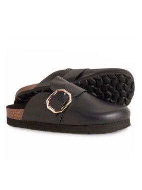 Bio Green Black Leather Slide Mules | 40